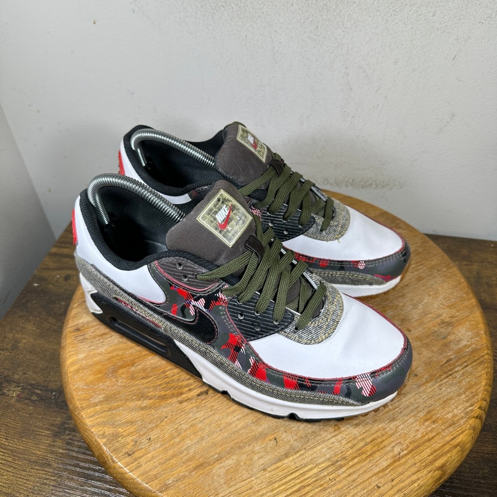 Nike Air Max 90 SE Enigma Stone Red Plaid Denim Mens Shoes DB1967-100 Size 8